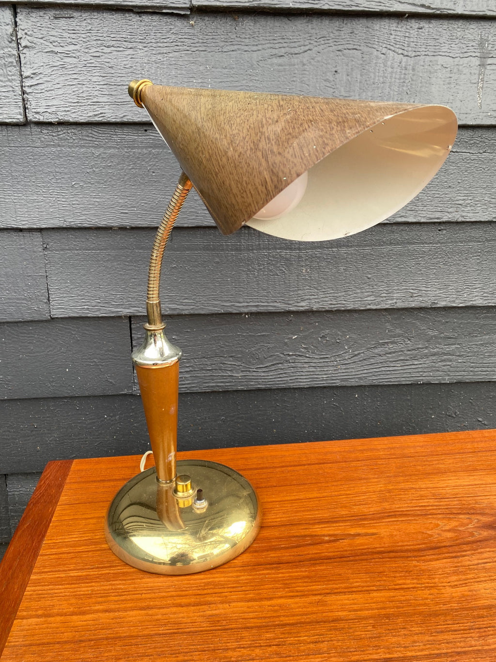Vintage Gooseneck Lamp with Brass &  Faux Wood Finish- Cook Street Vintage