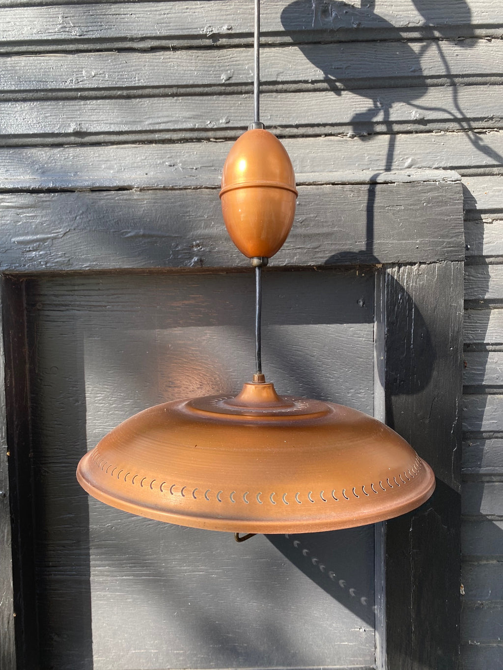 Fabulous 1960s mid-century copper saucer light fixture/ kitchen chandelier with glass shade. Pull down or push up to create the height you need- Cook Street Vintage