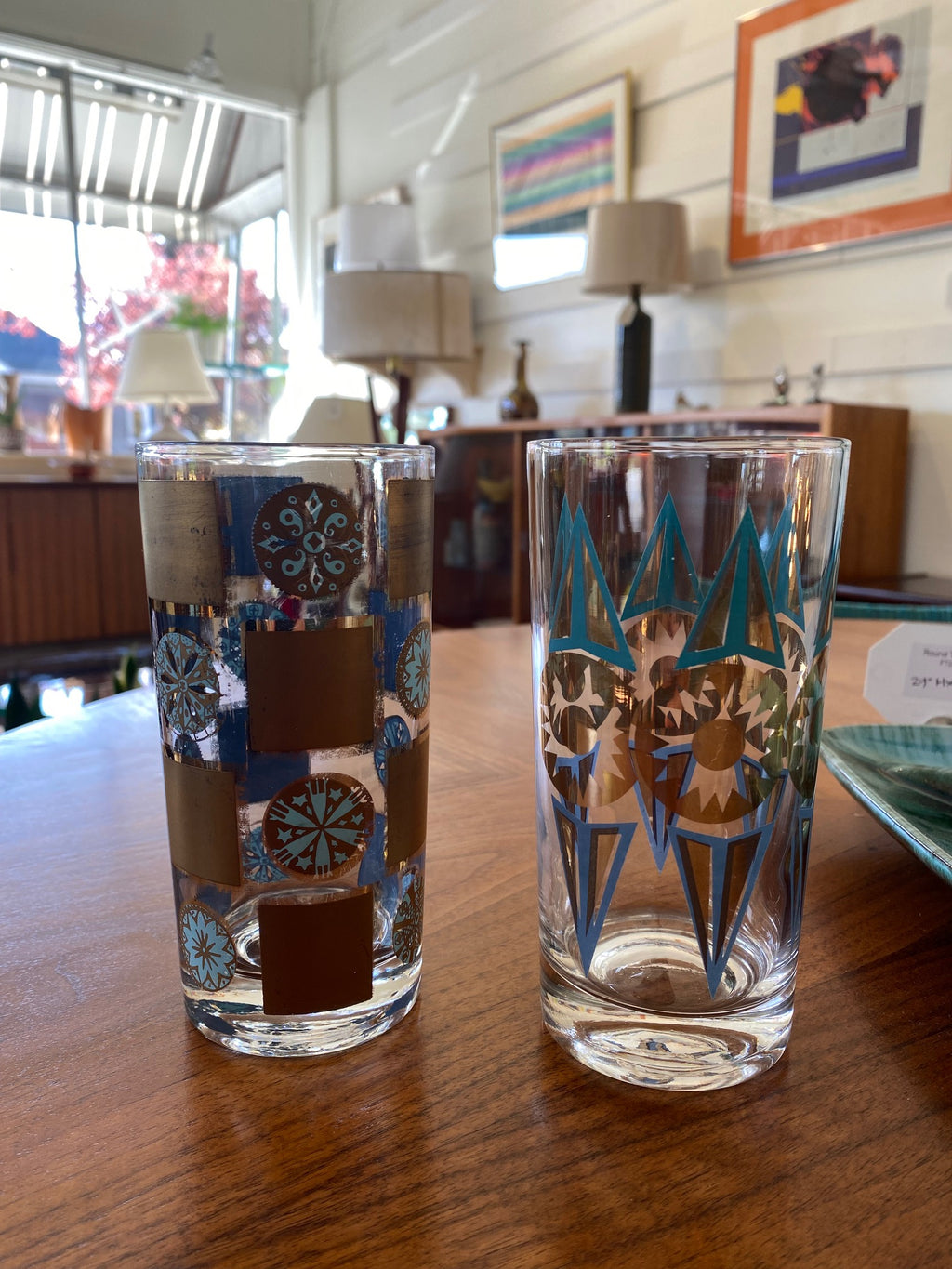 Culver gold and turquiose Carnival glass with another gorgeous gold and turquoise vintage highball- Cook Street Vintage