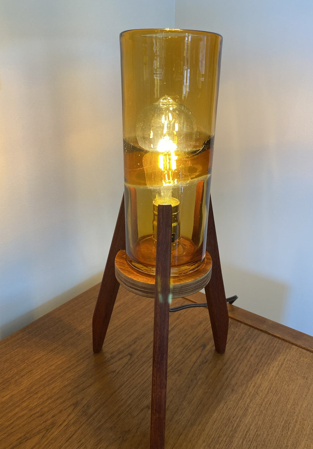 Reclaimed teak tripod lamp with amber shade- Cook Street Vintage