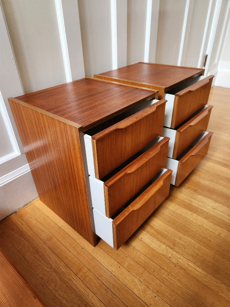 Drawers slightly open in Pair of Steen Teak Bedside Tables . Made in Denmark- Cook Street Vintage