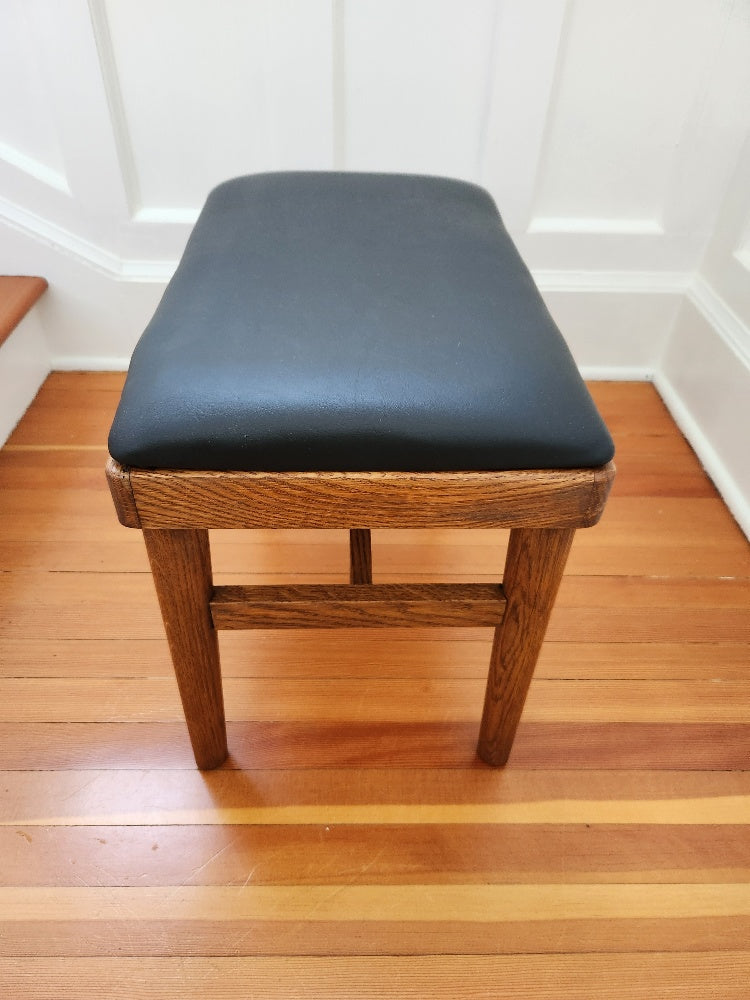 Vintage Oak Stool with Black Vinyl Cover