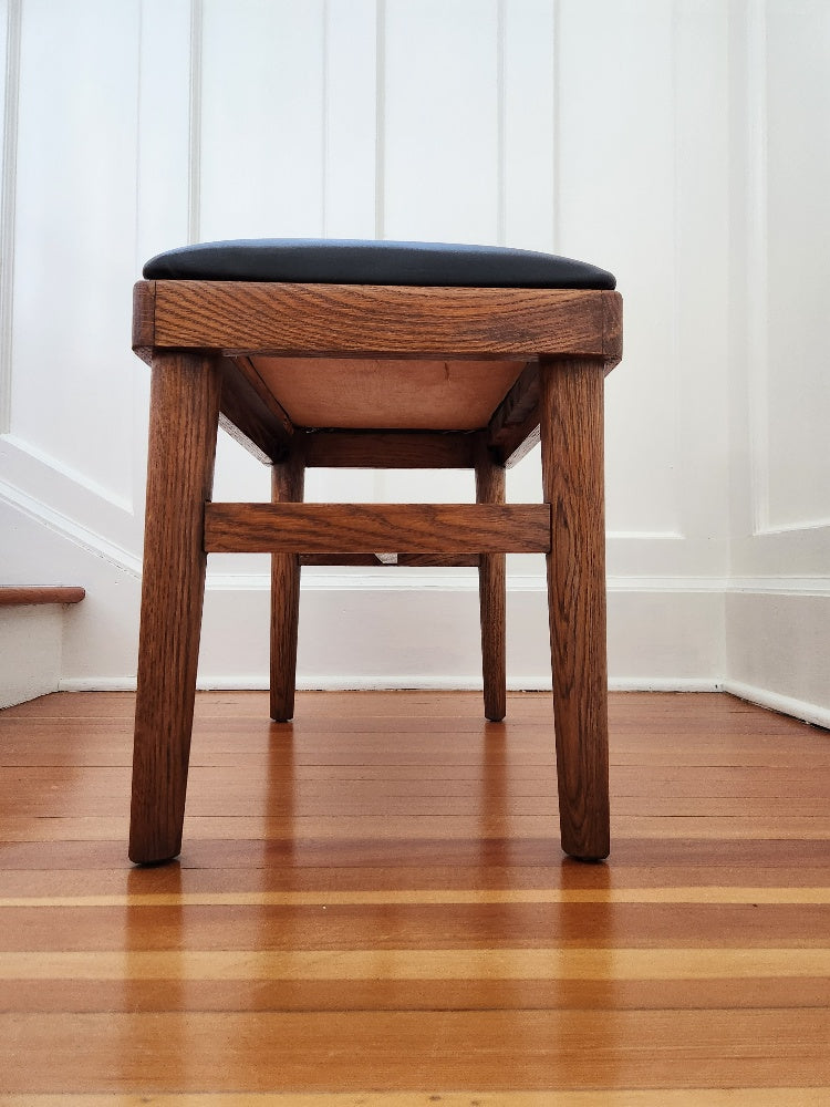 Vintage Oak Stool with Black Vinyl Cover