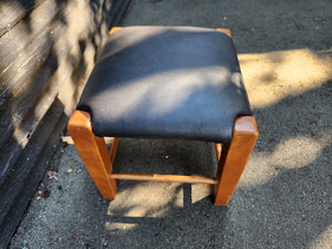Vintage Wooden Foot Stool with Brown Leather Pad