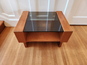 Heavy vintage teak table with smoke glass top- Cook Street Vintage