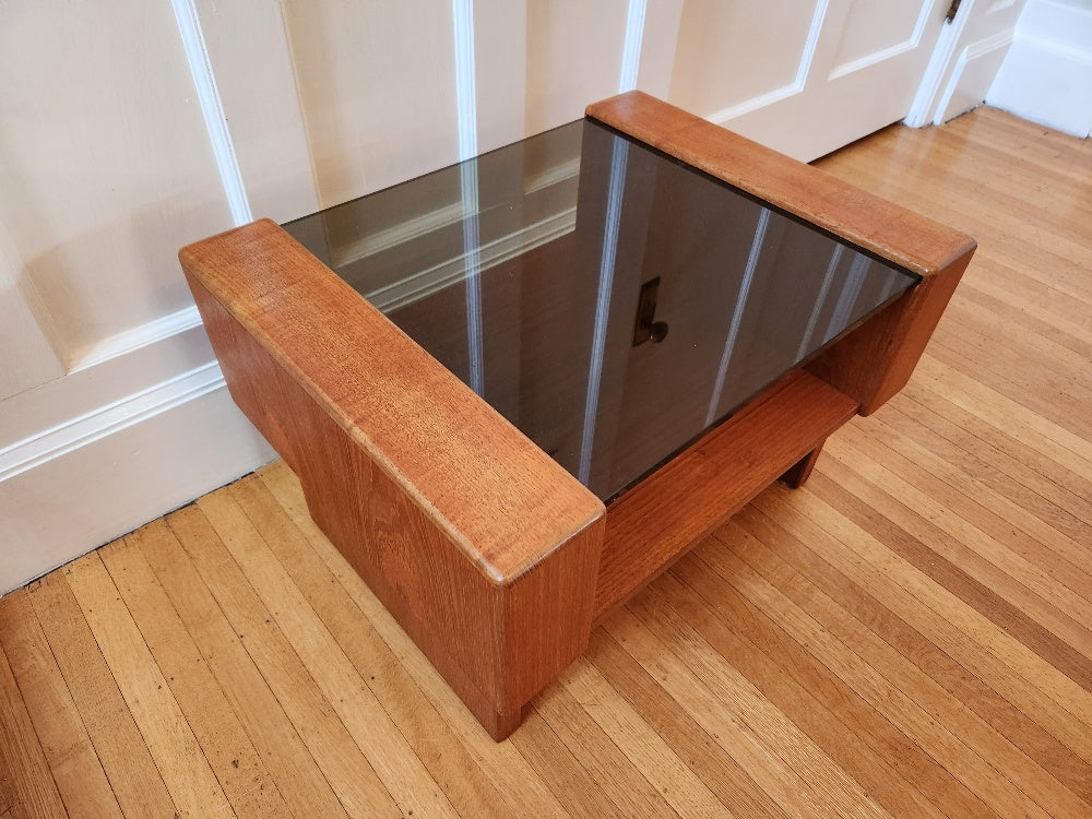 Heavy teak coffee table with smoke glass top and second shelf- Cook Street Vintage