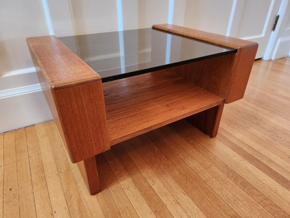 Warm honey teak table with smoke glass top- Cook Street Vintage