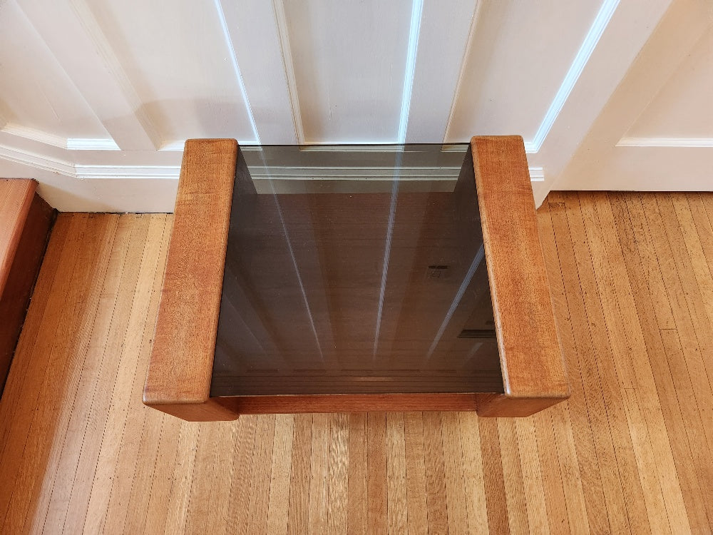 Top view of teak side table with smoke glass top- Cook Street Vintage