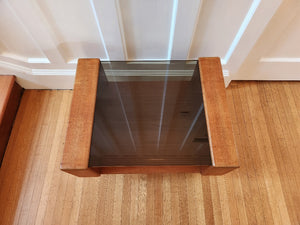 Top view of teak side table with smoke glass top- Cook Street Vintage
