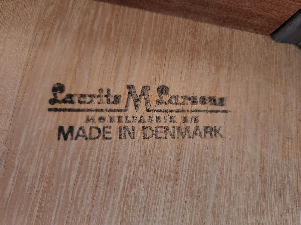 Stamp on bottom of Teak Sofa Table by Laurits M Larsen Mobelfabrik- Cook Street Vintage