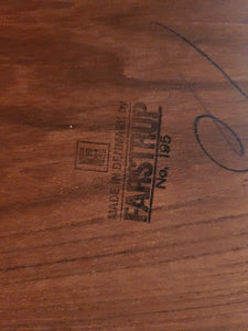 Stamp on underside of MCM teak dining table by Farstrup. Made in Denmark- Cook Street Vintage