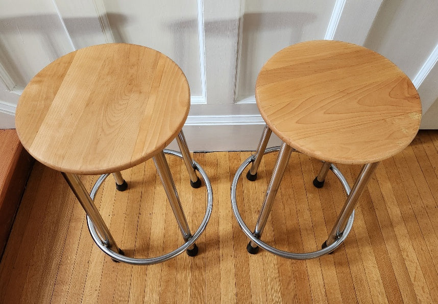 Pair of Wood and Chrome Stools