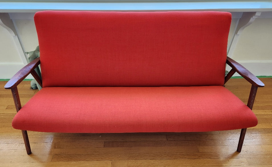 Vintage MCM sofa freshly refinished and reupholstered in Maharam Remix by Kvadrat: 643 Red Orange- Cook Street Vintage