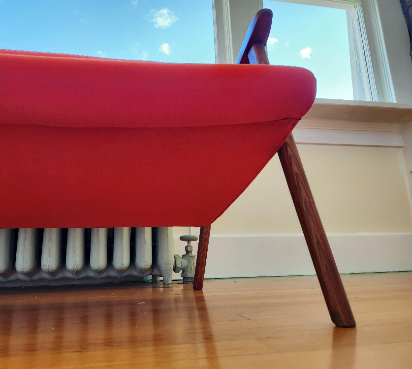 Detail of Vintage MCM sofa freshly refinished and reupholstered in Maharam Remix by Kvadrat: 643 Red Orange- Cook Street Vintage
