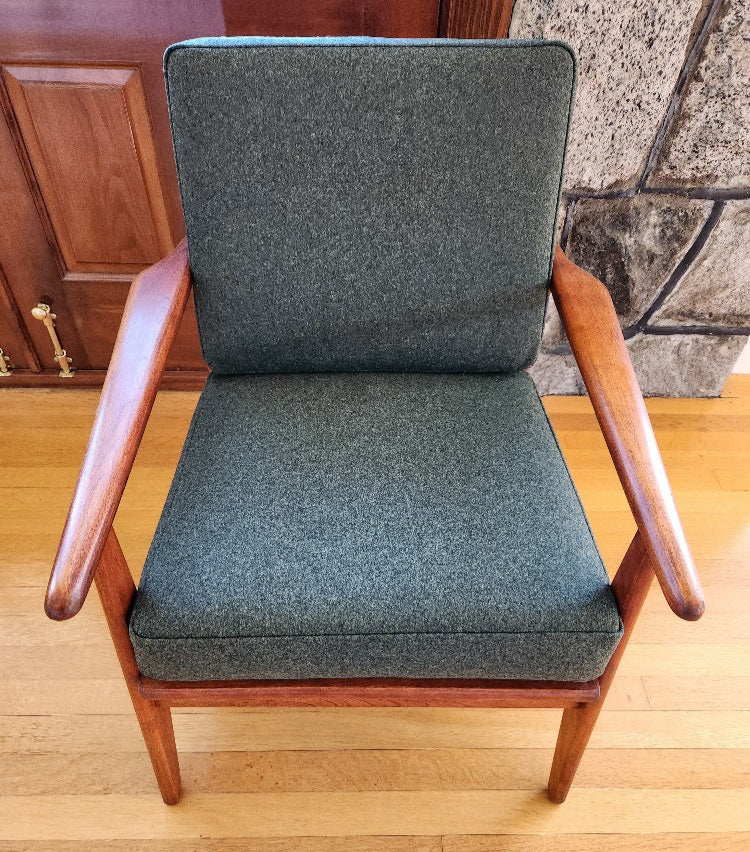 Vintage walnut mid-century lounge chair recently refinished and reupholstered in dark green wool Maharam Divina MD by Kvadrat- Cook Street Vintage.