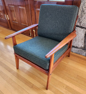 Vintage walnut mid-century lounge chair recently refinished and reupholstered in dark green wool&nbsp;Maharam Divina MD by Kvadrat- Cook Street Vintage.