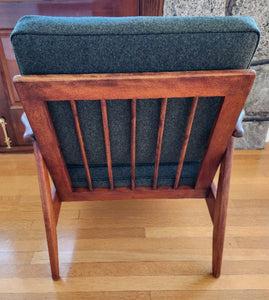 back view of  MCM walnut mid-century lounge chair recently refinished and reupholstered in dark green wool Maharam Divina MD by Kvadrat- Cook Street Vintage.