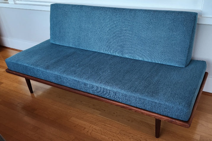 Rare MCM Minerva daybed in solid teak. Newly refinished and reupholstered. Designed by Peter Hvidt and Orla Mølgaard-Nielsen for John Stuart-Cook Street Vintage