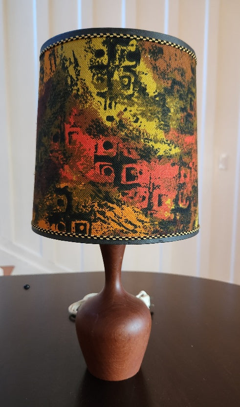 Small Teak Table Lamp with MCM Patterned Shade