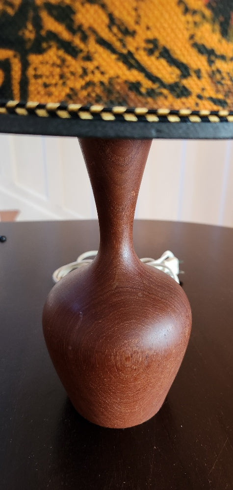 Small Teak Table Lamp with MCM Patterned Shade