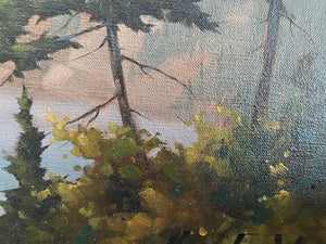Detail of "Howe Sound" Gorgeous landscape by Canadian artist Karl Wood (1944-1990). Oil on canvas- Cook Street Vintage