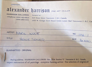Original identification for "Howe Sound" Gorgeous landscape by Canadian artist Karl Wood (1944-1990). Oil on canvas- Cook Street Vintage