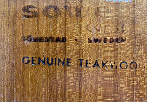 Back stamp from Absolutely gorgeous MCM teak serving tray by Söwe Konst Sovestad Sövestad. Perfect for serving drinks or to use as a charcuterie board. Made in Sweden- Cook Street Vintage