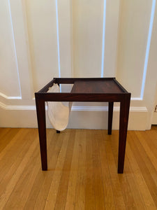 Scandinavian design MCM  rosewood side table with canvas magazine and book sling.- Cook Street Vintage 