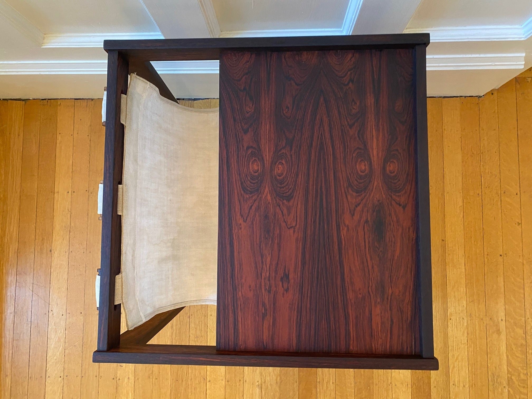 Stunning MCM rosewood side table with canvas magazine and book sling.- Cook Street Vintage 