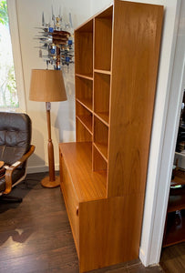 Side view of MCM Teak Hutch by Domino Mobler showing teak floor lamp and large vintage metal wall art- Cook Street Vintage