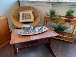 MCM Wicker Bucket Seat by Tropic Cane with rattan shelf, teak side table and floral painting- Cook Street Vintage
