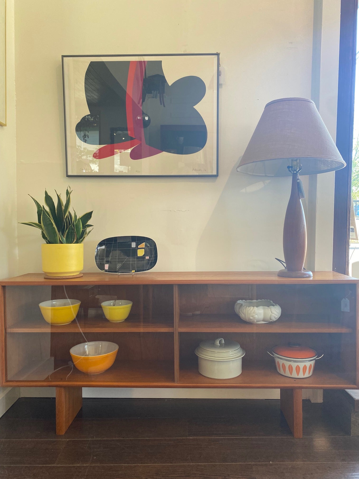 MCM Teak Glass Cabinet with Sliding Doors