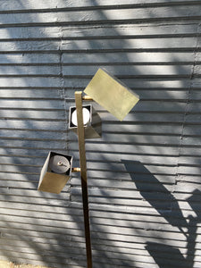Vintage 1970s floor lamp by Koch and Lowy in brushed brass finish. Three adjustable&nbsp; square cylinder heads- Cook Street Vintage