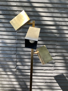 Vintage 1970s floor lamp by Koch and Lowy in brushed brass finish. Three adjustable&nbsp; square cylinder heads- Cook Street Vintage