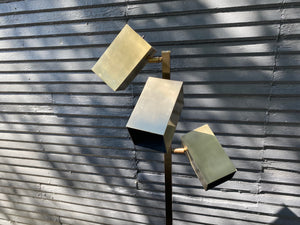 Vintage 1970s floor lamp by Koch and Lowy in brushed brass finish. Three adjustable&nbsp; square cylinder heads- Cook Street Vintage