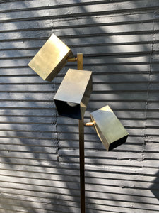 Vintage 1970s floor lamp by Koch and Lowy in brushed brass finish. Three adjustable&nbsp; square cylinder heads- Cook Street Vintage