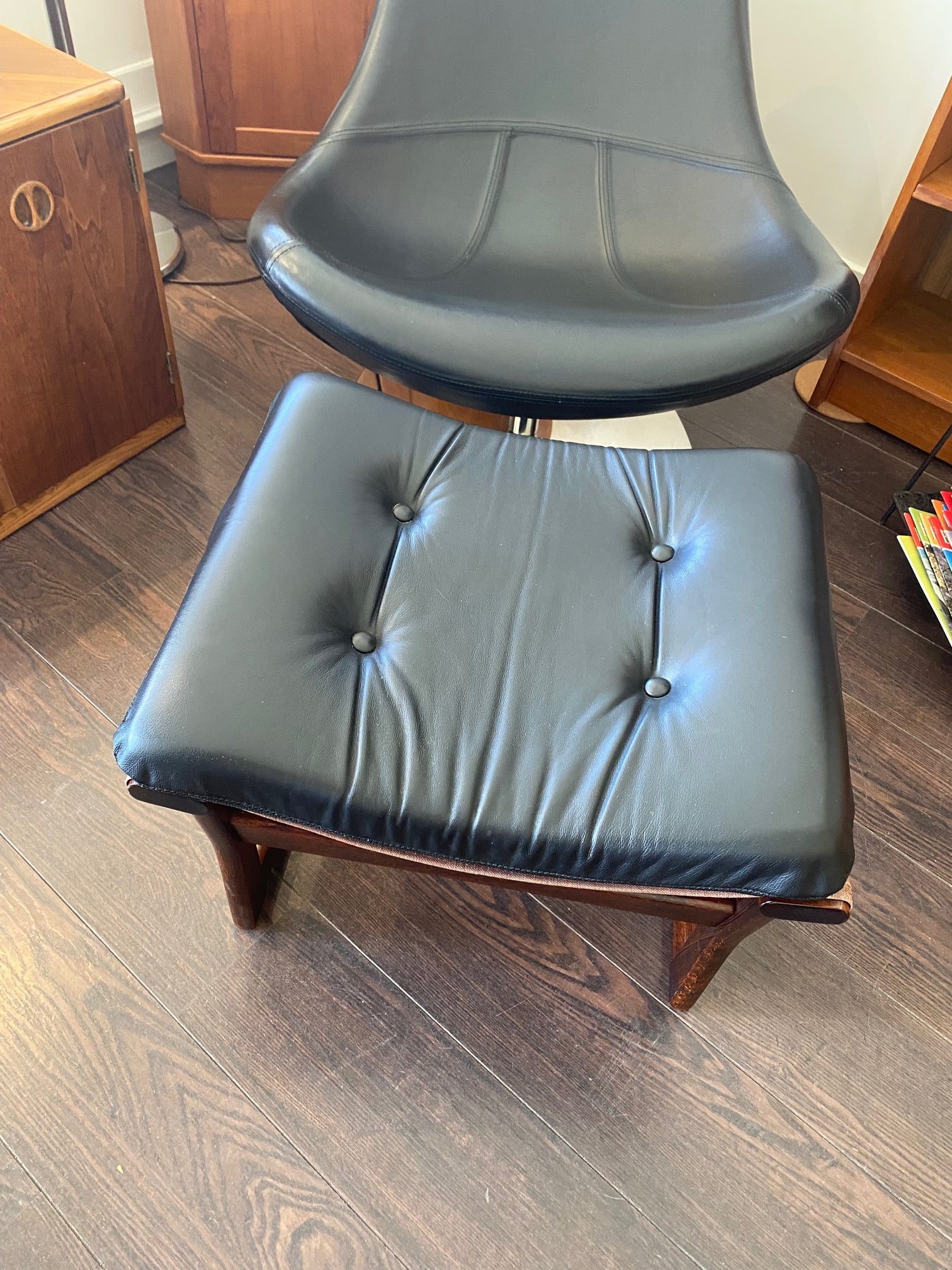 Rosewood Ottoman with Black Vinyl Seat