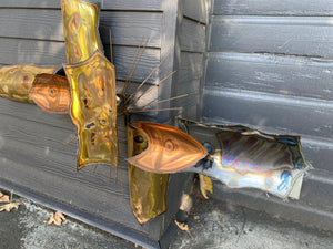 Stunning MCM brutalist metal wall sculpture by Canadian artist Jara Kasik in copper and brass- Cook Street Vintage