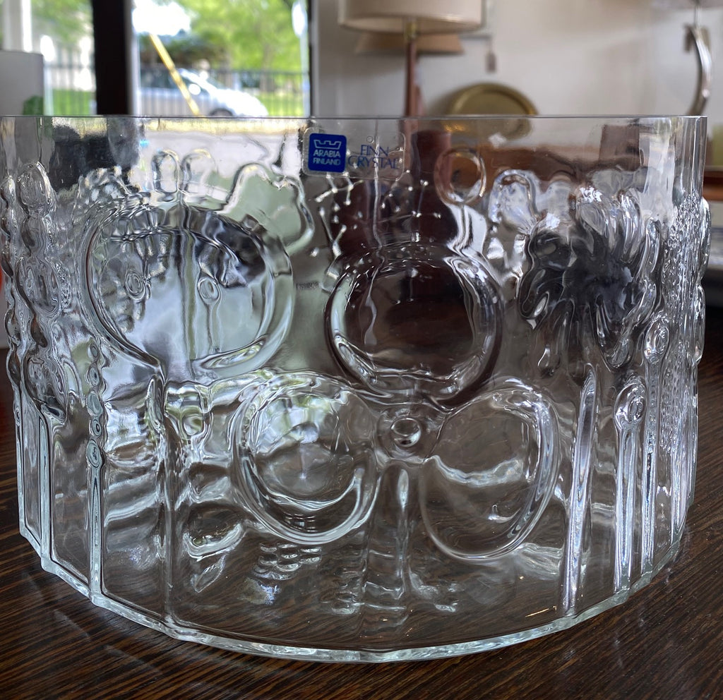 Arabia large clear glass bowl with plant and flora motif with original label. Designed by OIva Toikka. Made in Finland- Cook Street Vintage