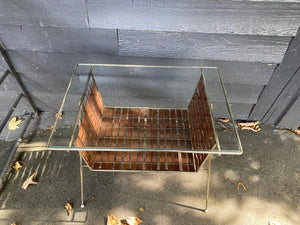 Top view of Mid-century walnut, glass and brass magazine table designed by Tony Paul. Part of his Interlace Collection-Cook Street Vintage