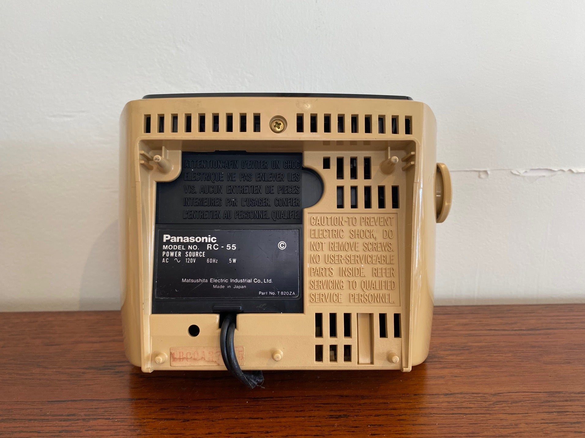 Bottom of Vintage Panasonic FM-AM Band Electronic Digital Clock Radio. Panasonic Model no. RC-55. Made in Japan- Cook Street Vintage