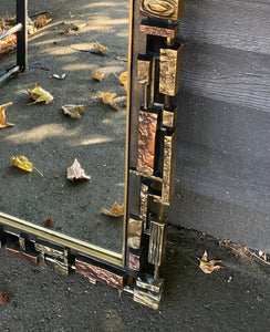 detail of Fabulous Brutalist mirror. Copper and bronze resin heavy frame can be hung vertically or horizontally. Made in 1970 by Syroco- Cook Street Vintage