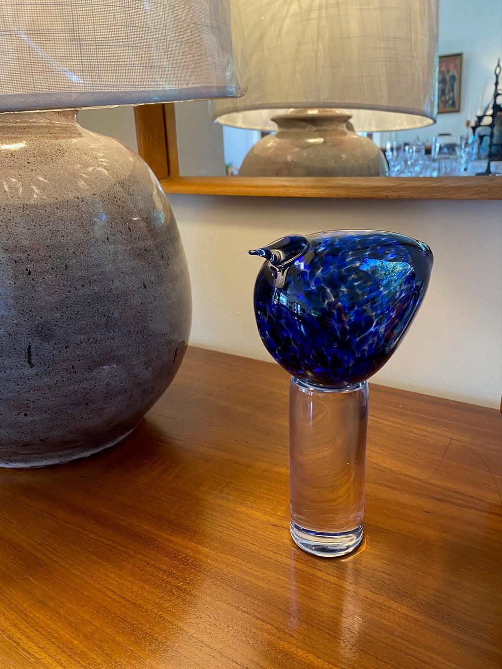 Hand blown speckled blue glass bird in Thallata technique.  Attributed to Bengt Edenfalk, Skruf Sweden- Cook Street Vintage