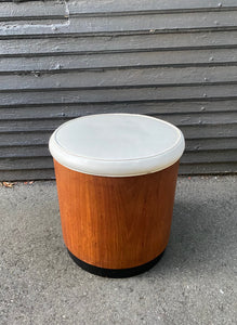 Beautiful round stool with removable cream vinyl top. Interior is in near-perfect condition. Teak with contrasting black painted base. Works well as an ottoman or a side table. Store your wool- or socks! Made in Canada by Walter Depping Furniture- Cook Street Vintage