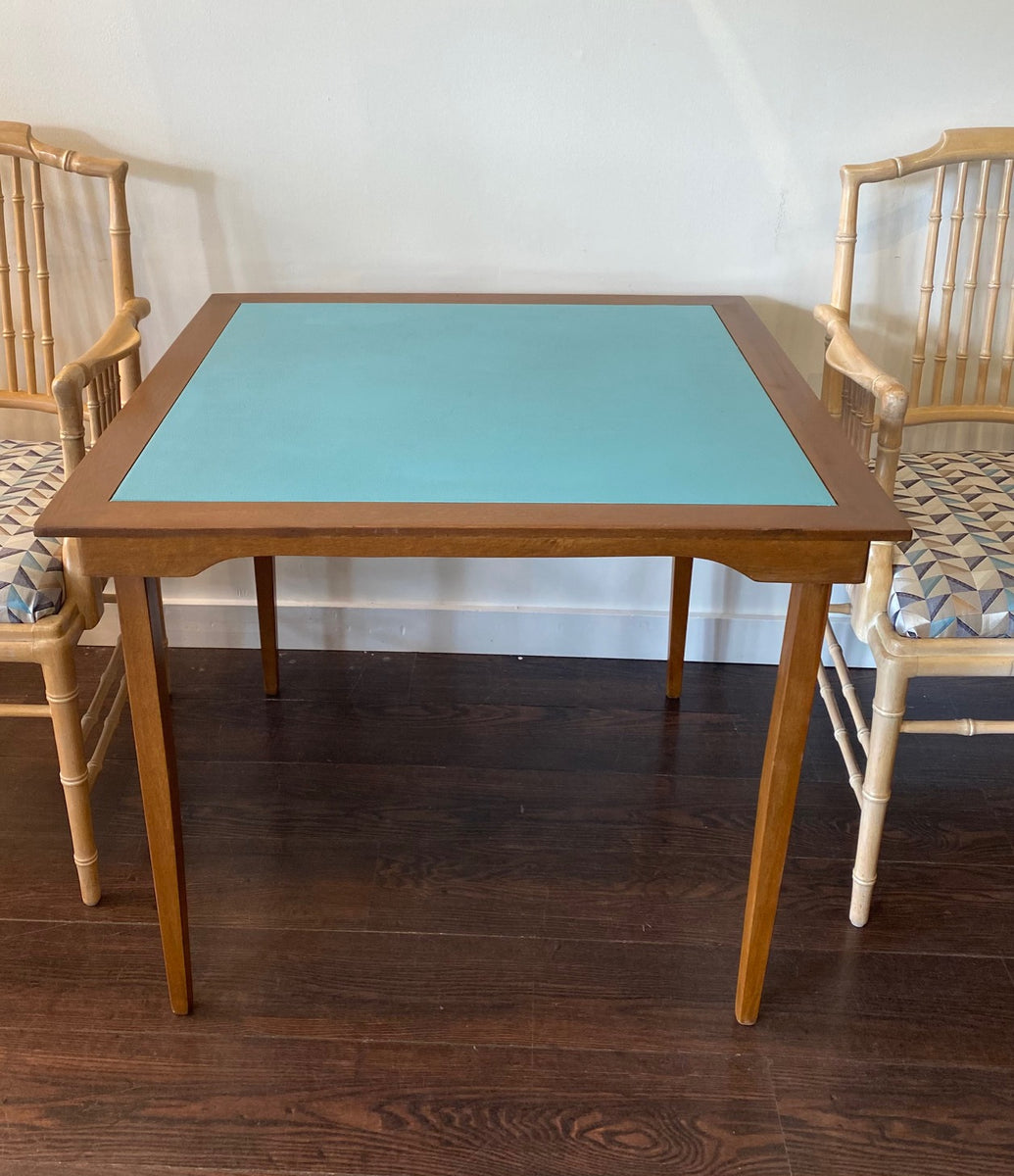 Vintage Walnut Card Table with Blue Vinyl Top – Cook Street Vintage