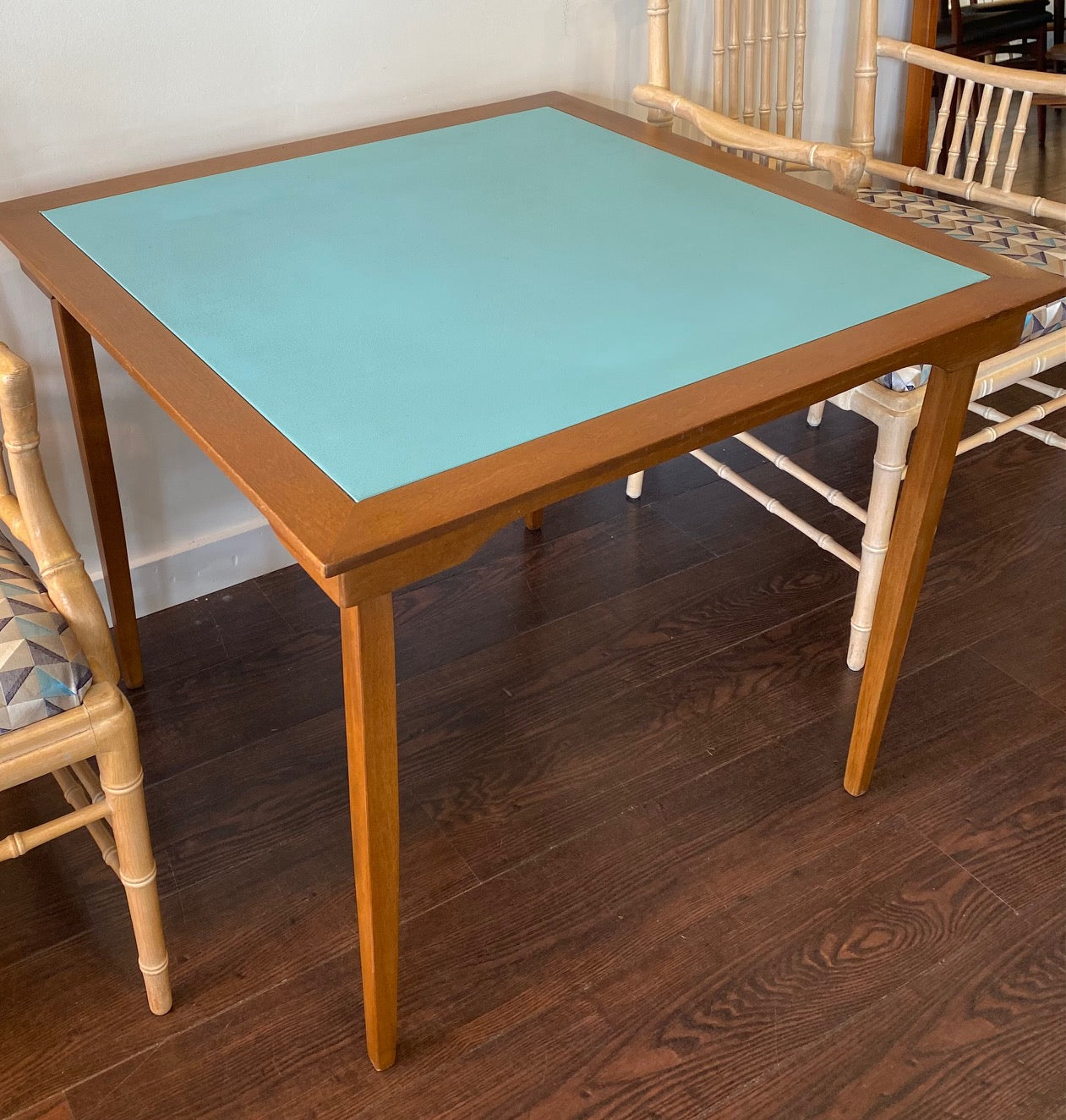 Vintage Walnut Card Table with Blue Vinyl Top – Cook Street Vintage