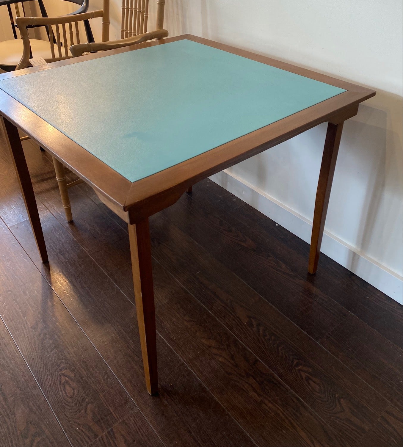 Vintage Walnut Card Table with Blue Vinyl Top – Cook Street Vintage