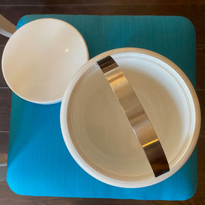 Top view of Fabulous 1970s Mid-century modern ice bucket with sleek design and hidden handle in white plastic. Designed by Erik Magnussen for Stelton.  In amazing vintage condition. Made in Denmark-Cook Steet Vintage