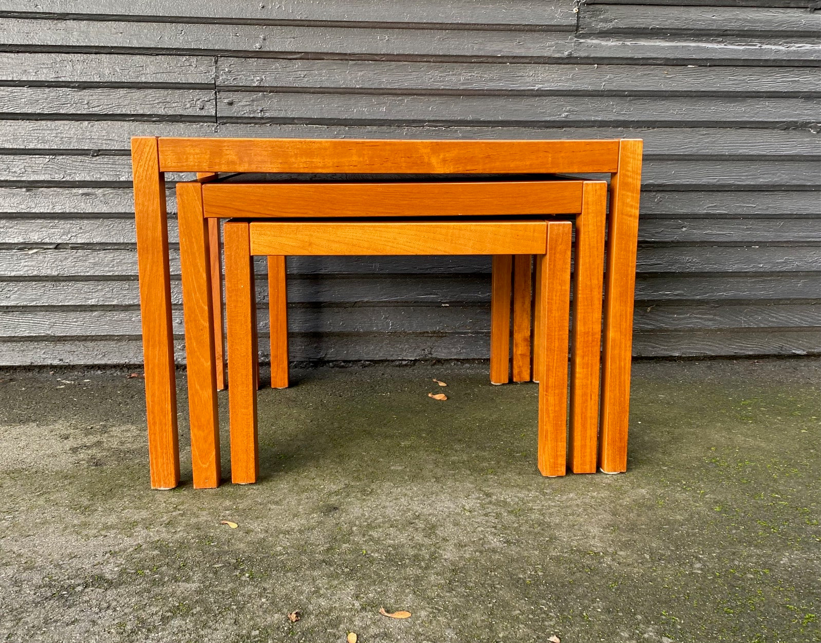 CLosed front view of Set of 3 Danish Teak Nesting Tables. Made in Denmark- Cook Street Vintage