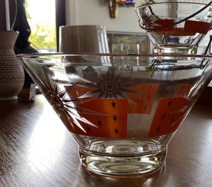 Vintage chip and dip glass bowl set with orange, gold and black design- Cook Street Vintage